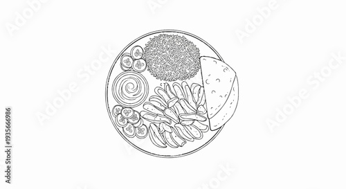 A plate of food with rice, fries, a wedge of cheese, and sliced cucumbers