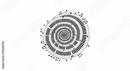 Spiraling piano keys and musical notes create a hypnotic visual symphony