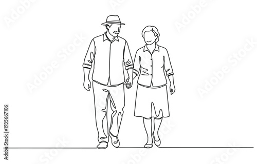 Old couple in continuous line art drawing style. Senior man and woman walking together holding hands.