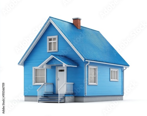A bright blue, simple house with a silver roof on a white background