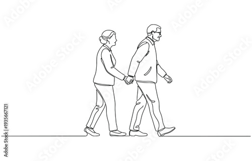 Old couple in continuous line art drawing style. Senior man and woman walking together holding hands.