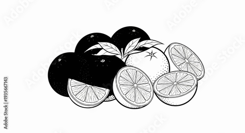 A still life drawing of citrus fruits, including whole and sliced oranges with leaves