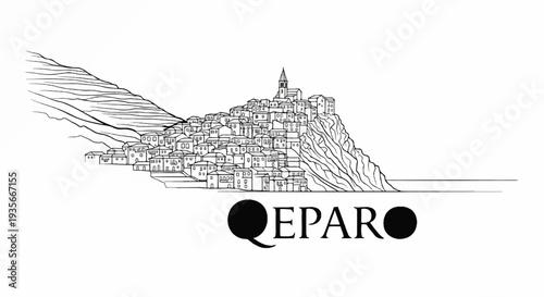 Sketch of a village clinging to a steep mountain overlooking the sea