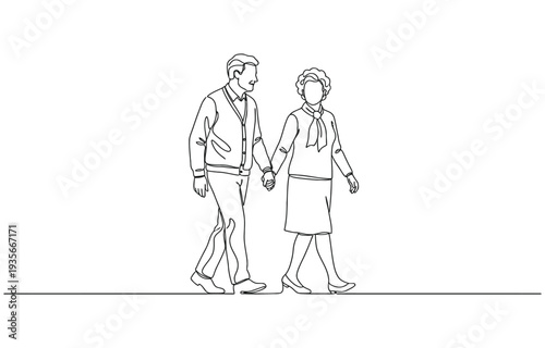 Old couple in continuous line art drawing style. Senior man and woman walking together holding hands.