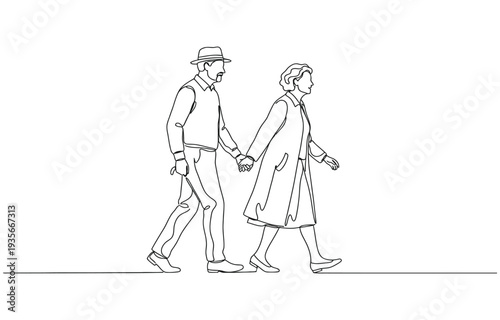 Old couple in continuous line art drawing style. Senior man and woman walking together holding hands.