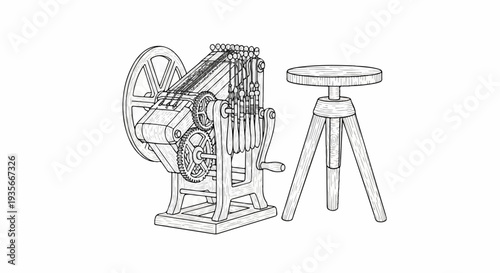 Vintage mechanical device with gears and wheel beside tripod stool