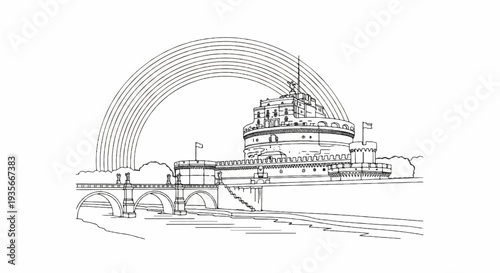 A stone bridge and ancient fortress beneath a drawn rainbow