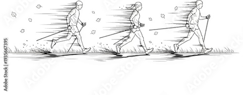 Three figures in motion, cross-country skiing through autumn foliage