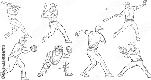 Sketches of baseball players in action batting, pitching, catching, and fielding