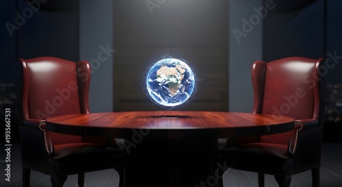 A futuristic conference table with a glowing globe