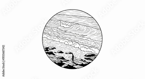 Silhouette of a person with a surfboard on a rocky shore watching waves