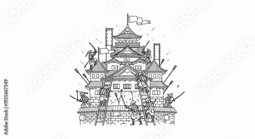 Samurai warriors defend a layered fortress, arrows fly, and ladders ascend