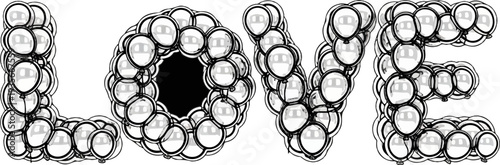 A whimsical arrangement of balloons forms the word "LOVE" against a white background