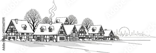 Row of timber-framed houses with snowy roofs, bare trees, and a distant city skyline