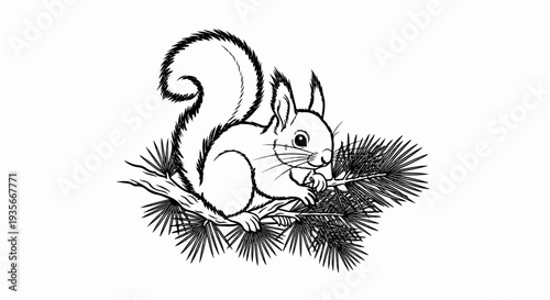 Black and white drawing of a squirrel perched on a pine branch