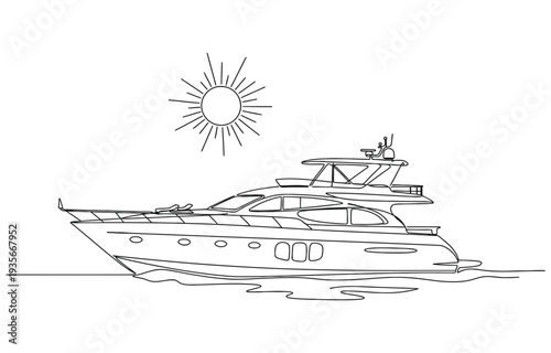 Continuous singe one line drawing art of luxury yacht speed boat sailing cruise vector.