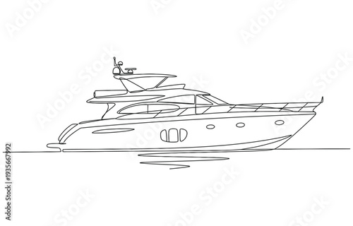 Continuous singe one line drawing art of luxury yacht speed boat sailing cruise vector.