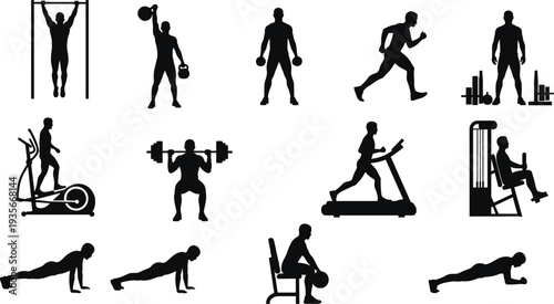 Fitness and gym workout silhouette set, athletes exercising with weights and machines, cardio and strength training activities, vector illustration isolated on white background