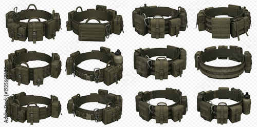 Set of military tactical belts with various pouches and accessories for combat and outdoor activities.
