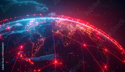 Glowing network connections across the globe at night