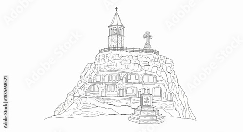 Stone structures carved into a rocky mountain with a bell tower and cross