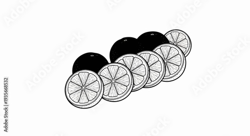 Black and white illustration of whole citrus fruits and sliced citrus fruits