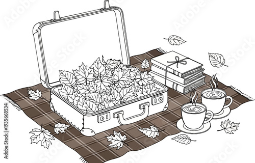 Open suitcase filled with leaves, books, and steaming cups on a blanket