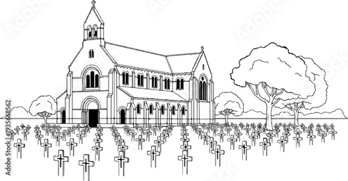 Stylized line art of a church with a cemetery in foreground