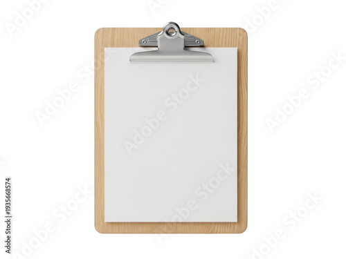 Wooden clipboard with blank white paper isolated on transparent background
