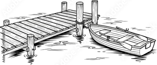A wooden dock with a small rowboat tied to a post