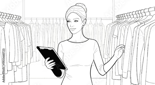 Woman with tablet and clothes on racks