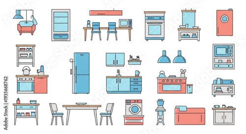 Collection of kitchen furniture and appliances illustrations.