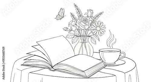 Open book, vase of flowers, steaming cup of coffee and butterfly