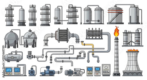 Industrial factory equipment and machinery illustration.