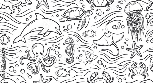 Coloring Page Featuring Various Ocean Creatures.