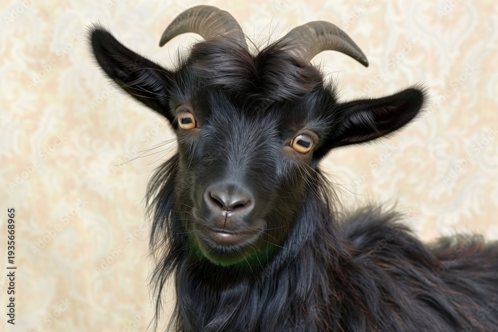 Obraz premium Charming black goat with playful expression showcases its unique personality in a cozy indoor setting