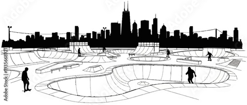 City skyline looms over a sprawling concrete skatepark filled with skaters