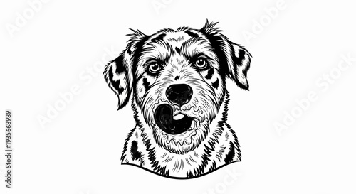 Close-up black and white sketch of a playful dog with its tongue out
