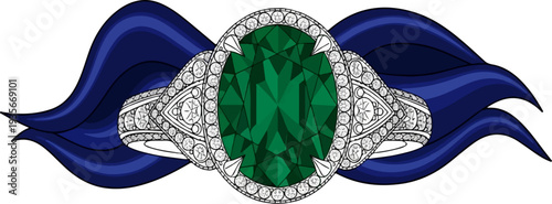 Detailed illustration of a dazzling oval emerald ring adorned with diamond accents, set against flowing navy waves