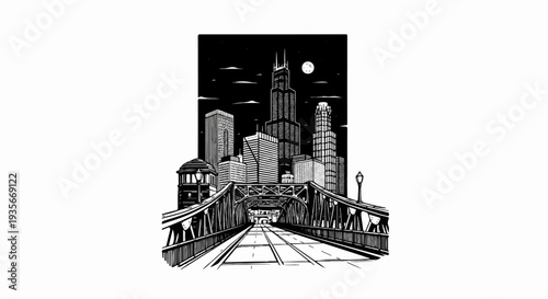 Black and white illustration of a bridge leading to a city skyline at night