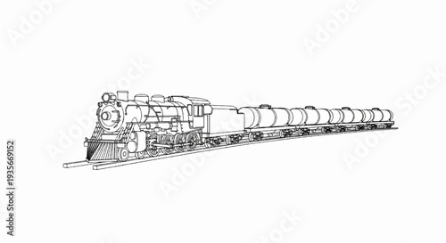 Detailed line drawing of a steam locomotive pulling multiple tank cars on a curved track