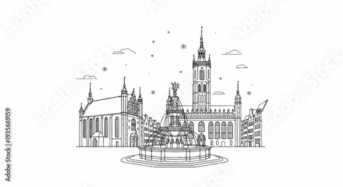 Detailed line drawing of a European city square with a fountain and historic buildings