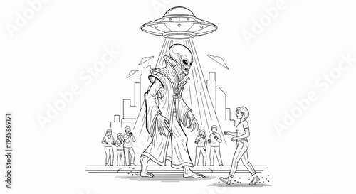 Giant alien and UFO descend upon shocked city dwellers walking