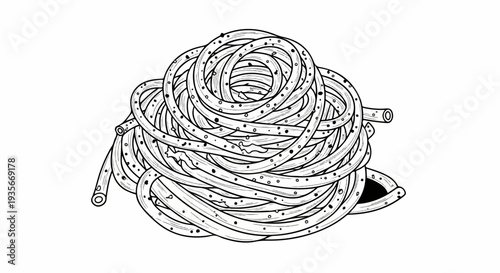 A detailed black and white illustration of a tangled pile of spaghetti