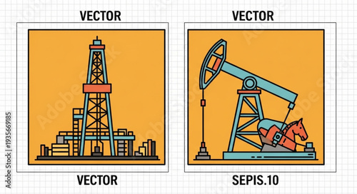 Oil Rig and Pumpjack Vector Illustrations.