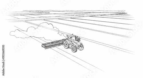 Farm tractor tilling expansive fields with atmospheric clouds in background
