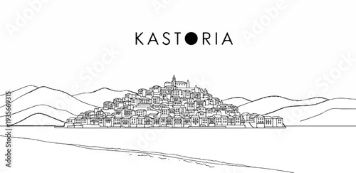 A monochrome sketch of a densely packed hillside town with mountains