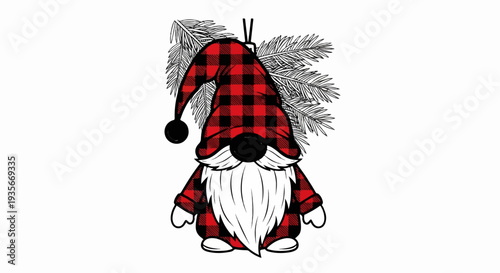 Festive gnome with plaid hat and bushy white beard, adorned with pine