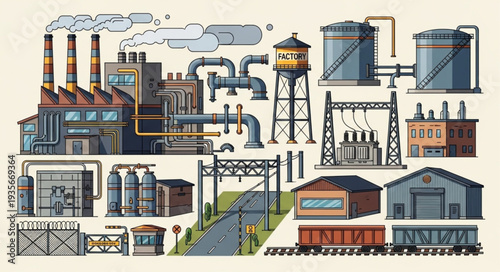Industrial factory complex with various buildings and infrastructure elements.