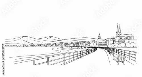 A sketched panoramic view of a riverfront pathway leading to a European town